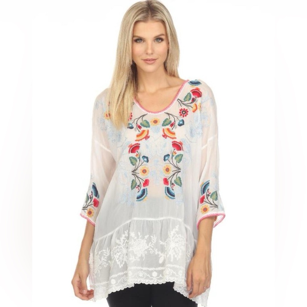 Johnny Was White Sheer Tunic with Multicolor Floral Embroidery